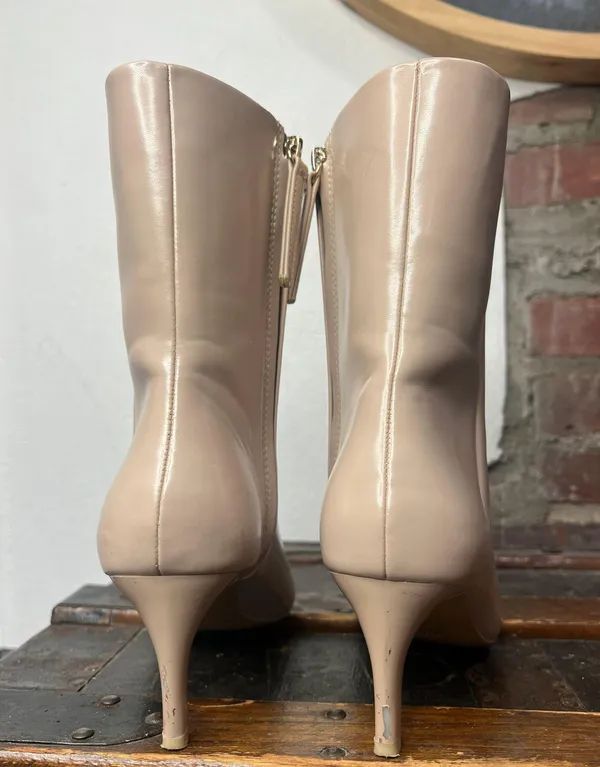 Vegan Beige Kitten Heel Pointed Toe Booties - Image 5