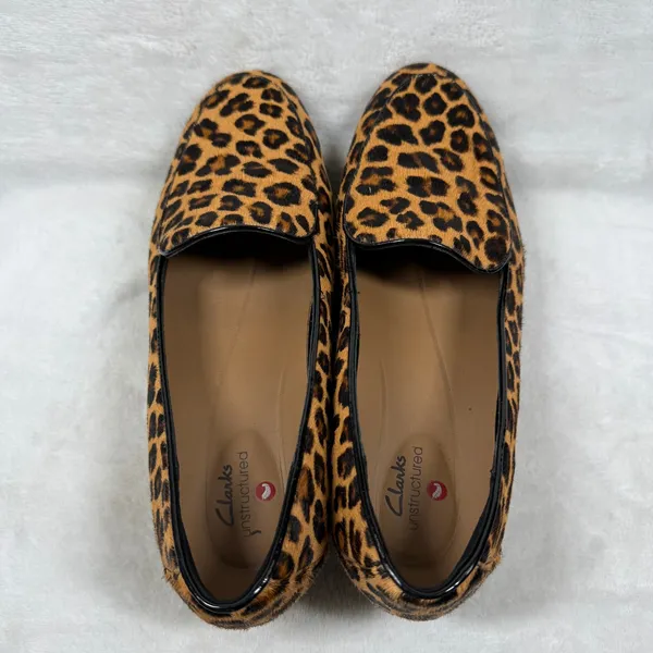 Clarks Unstructured Women Leopard Print Calf Hair Loafers Brown Black 8 - Image 5