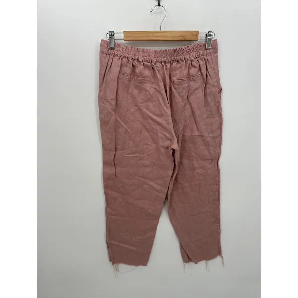 Pink 100% Linen Pull On Ankle Pants Women Medium Raw Hem Drawstring Coastal Boho - Image 2