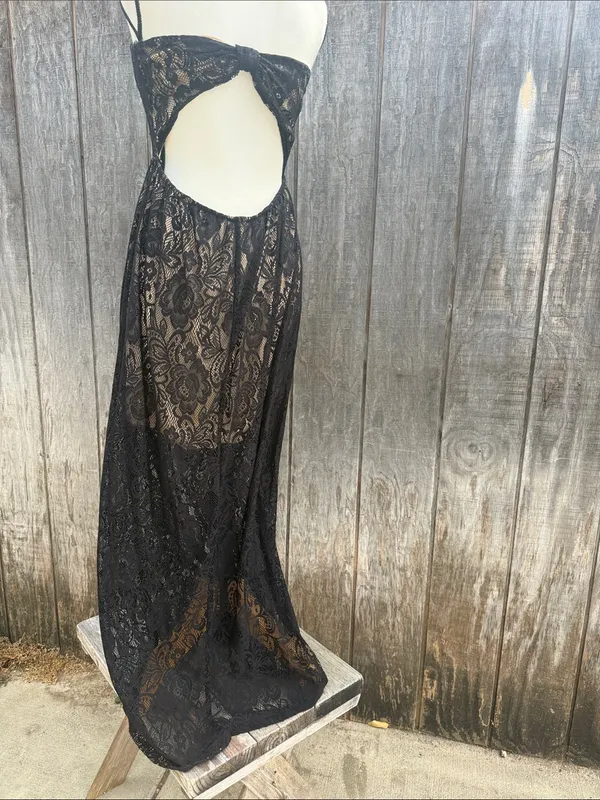 EUC Papaya Elegant Intricate Black Floral Lace Strapless Maxi Dress Size Large - Image 5