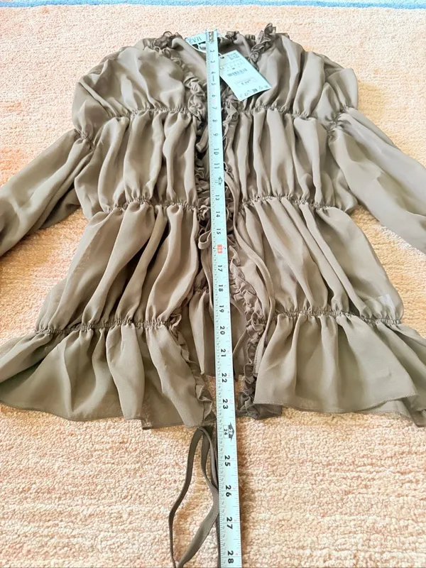 Zara Ruched Sheer Blouse Brown Ruffle Tie Front Long Sleeve Romantic Top NWT M - Image 4