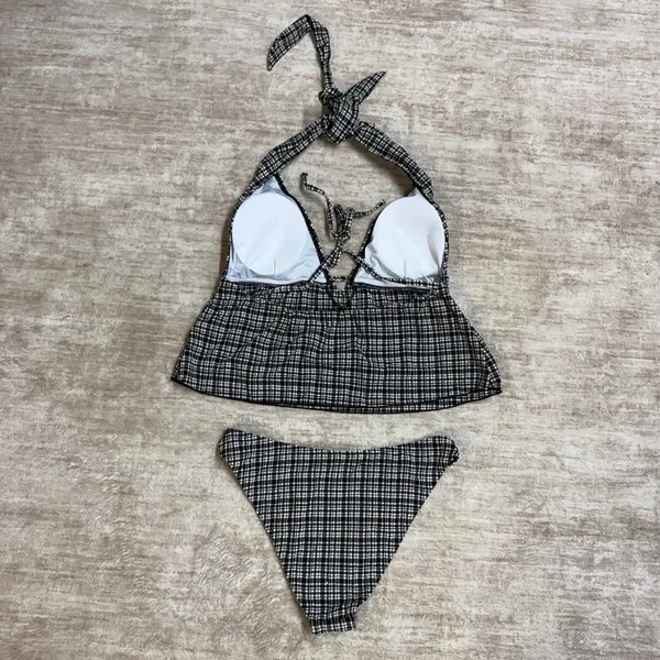 Samiol Women’s Medium Black White Plaid Tankini Bikini Swimsuit Plunge Halter - Image 6