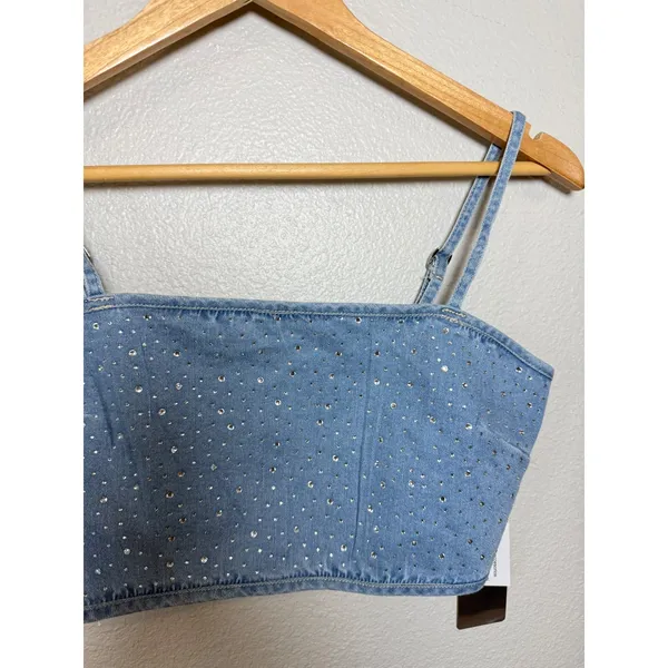 Lizette Collection Denim Rhinestone Crop Top Light Wash‎ Blue Sparkly Bustier - Image 4
