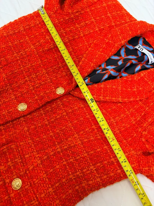 Zara Orange Bouclé Tweed Blazer Gold Button Preppy Quiet Luxury Old Money Size L - Image 9