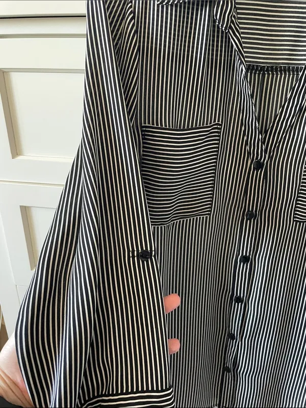 iZ Byer Women’s Black and White Striped Business Casual Button-Down Shirt -Large - Image 3