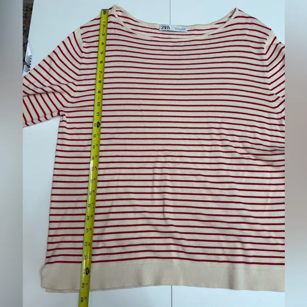 Zara women's viscose ecru and red striped long sleeve knit sweater size L - Image 6
