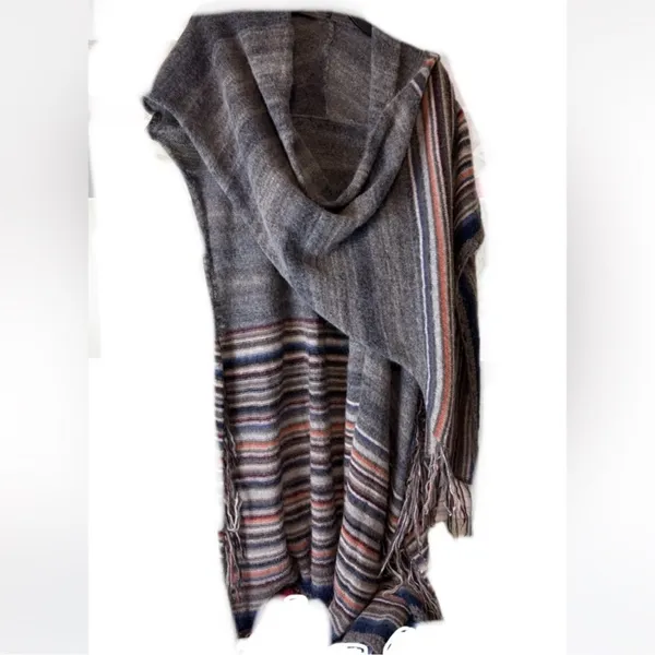 Free People Latitude 30 Wrap Poncho Shawl Rainbow Gray Fringe Sweater Stripe‎ - Image 8