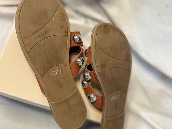 Marc Fisher Carmel Brown Leather Slide Sandals with Silver Stud Accents - Image 6