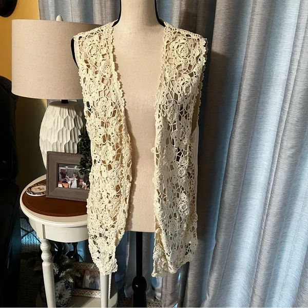 Sostanza Crochet Sweater Vest‎ Vintage Medium Boho Ramie Floral Hippie 90s Y2K - Image 8