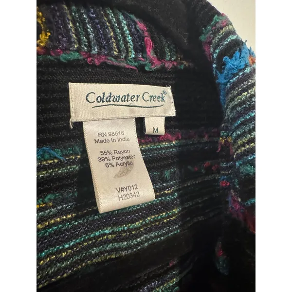 Coldwater Creek Women M Black Multi Color Striped Fringed Knit Artsy Boho Jacket - Image 3