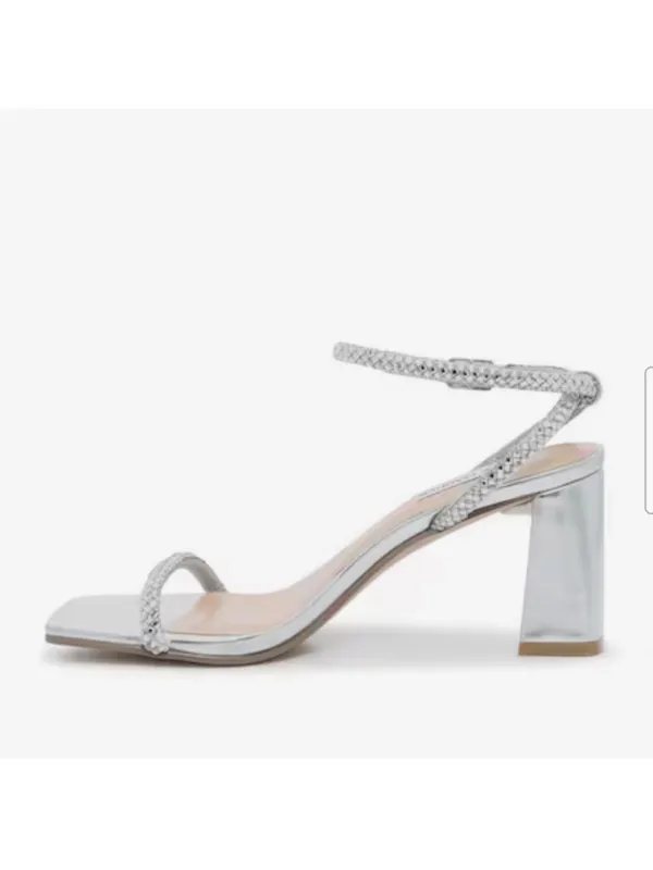 Steve Madden Hurrah Silver Rhinestone Strap Square-Toe Heels Sandals Sz 9 - Image 2