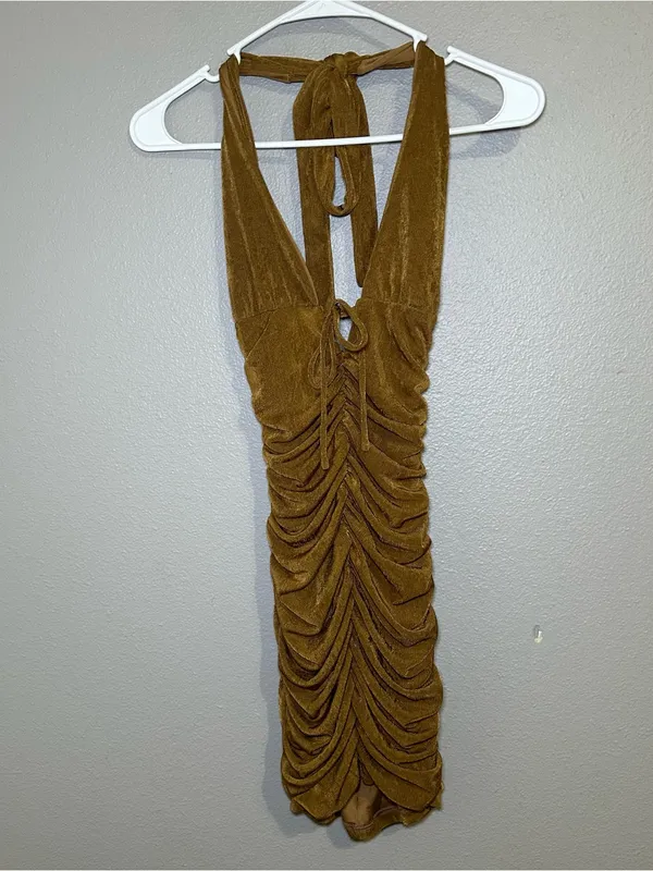 Hello Molly Brown Ruched V Neck Backless Halter Bodycon Dress Women’s Size XS 2 - Image 2