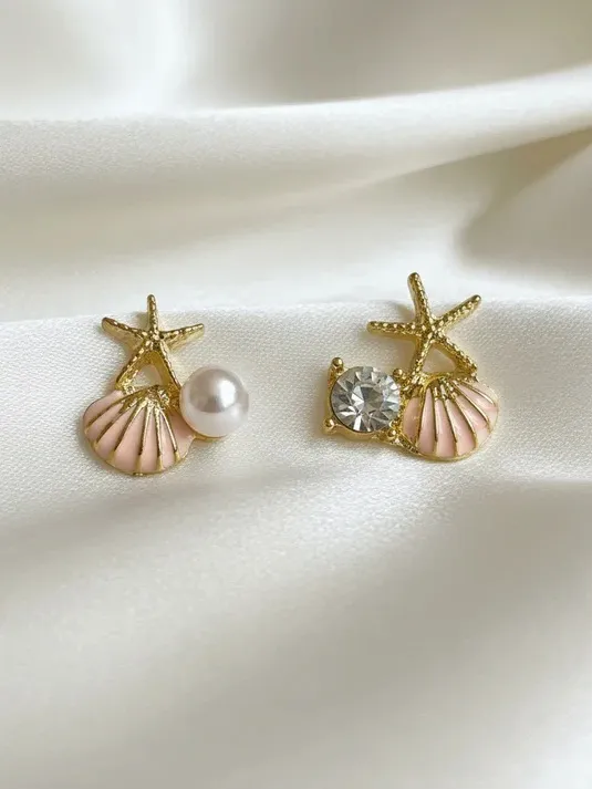 Gold Starfish & Pink Shell Stud Earrings with Pearl and Crystal Accents - Image 3
