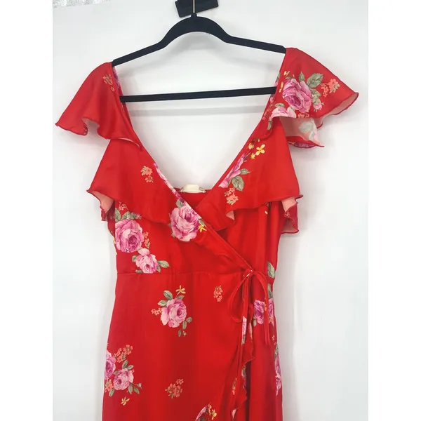 Altar'd State Wrap Dress Hi Lo Ruffle Orange Red Floral Medium Romantic Garden - Image 6