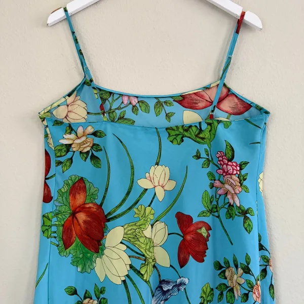 Natori Floral Satin Slip Midi Dress Womens Medium Blue Chemise Nightgown‎ - Image 5