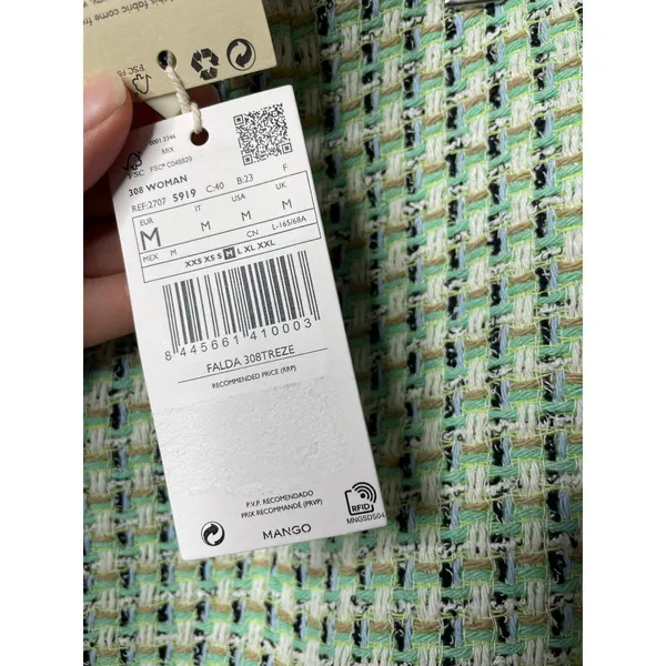 Mango NEW MNG T Tweed Mini Skirt Pastel Green Size Medium - Image 2