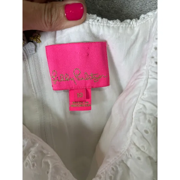 Lilly Pulitzer Emie Dress White‎ Eyelet Babydoll Fit Flare Cottagecore Size 10 - Image 6