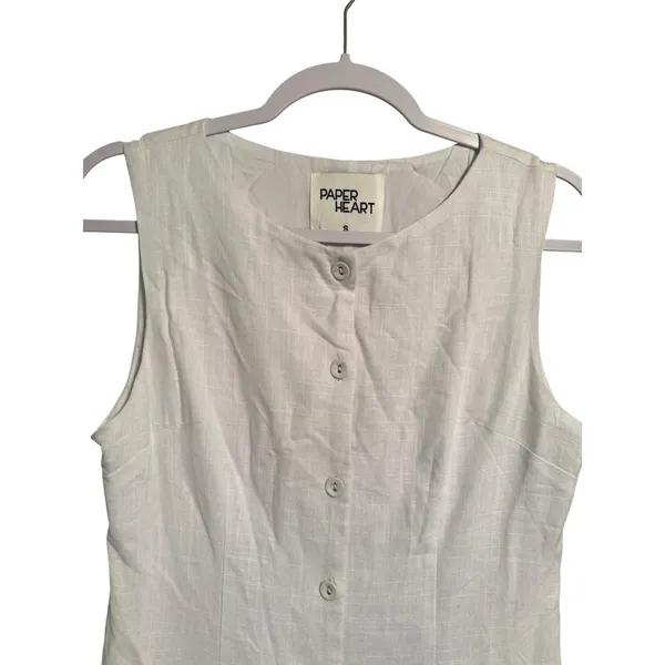 Paper Heart Sleeveless Linen Shirt Dress White Button Up Mini Sundress Coastal Preppy Size S - Image 3