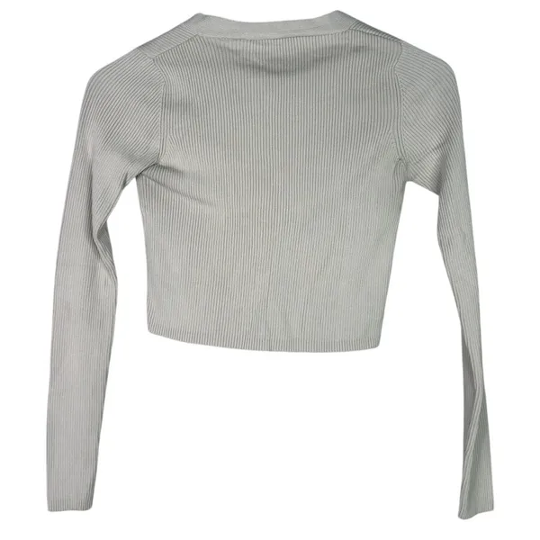 Zara Cropped V Neck Long Sleeve Fitted Ribbed Knit Button Down Sweater XS Beige - Image 4