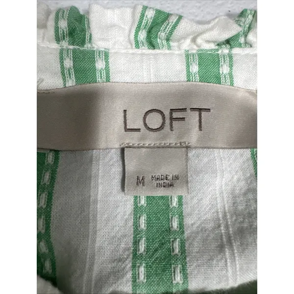 LOFT Green Striped Ruffle Long Sleeve Button Blouse M Cotton Top Peasant Modest - Image 5