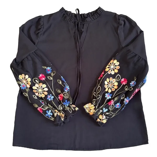 Black Floral Embroidered Balloon Sleeve Ruffle Neck Tie Blouse Feminine - Image 2