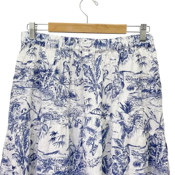 Joie 100% Linen Blue White Tropical Toile Midi Skirt Elastic Waist Size Large - Image 7
