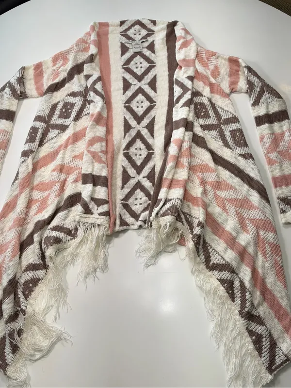 American Rag Pink Taupe & Cream Fringe Open-Front Cardigan - Image 2