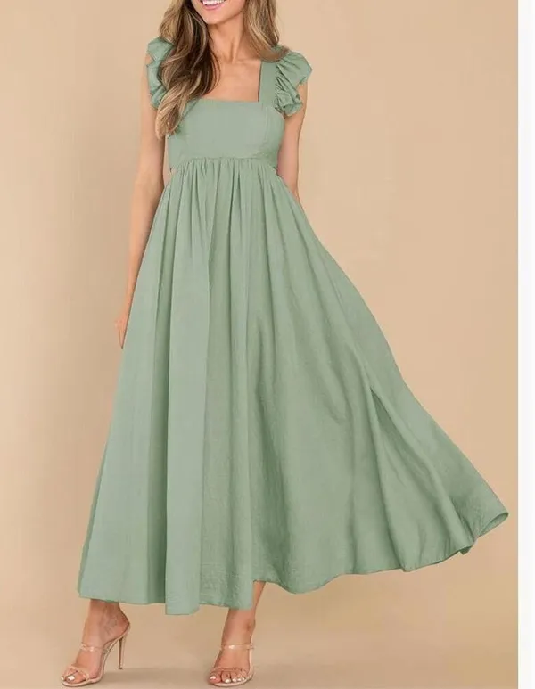 NEW Flutter Sleeve Square Neck Tie Back A-Line Maxi Dress Pocket XL - Image 6