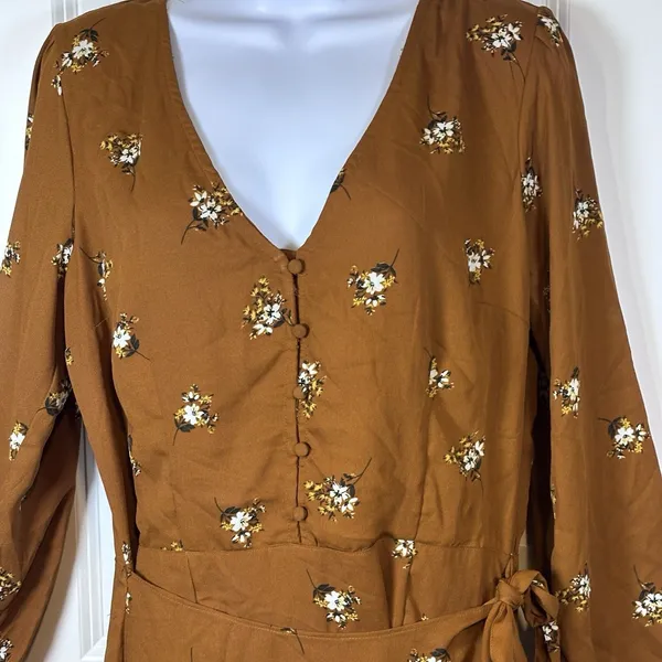 Abercrombie & Fitch Floral Wrap Dress Rust Orange Long Sleeve Boho Ruffle Hem M - Image 10