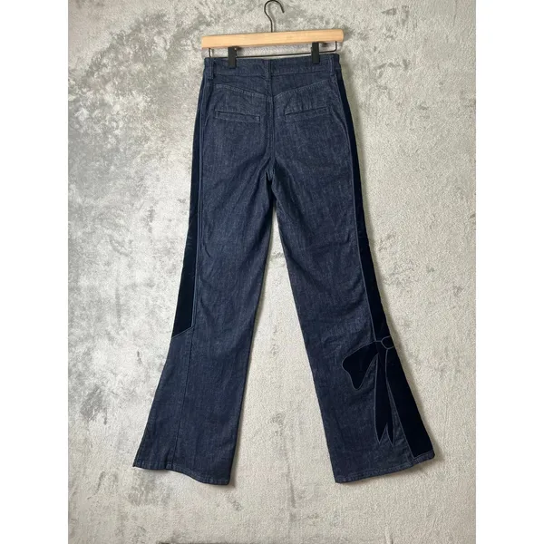Maeve Bow Peep High Rise Flare‎ Jeans Dark Wash Bow Detail Suede 25 Cool Girl - Image 4