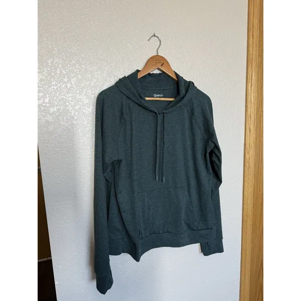 Quince Heathered Green Flowknit Pullover Hoodie Large Performance Thumbhole - Image 4