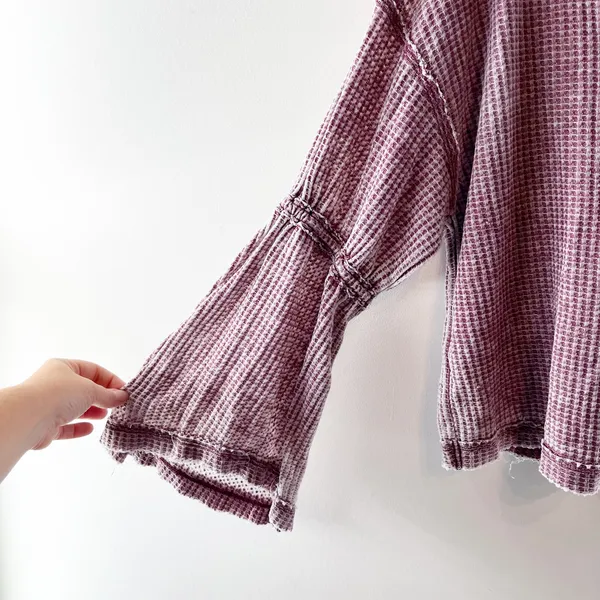 Free People Dahlia Long Bell Sleeve Thermal Waffle Knit Top Plum Maroon Small - Image 5