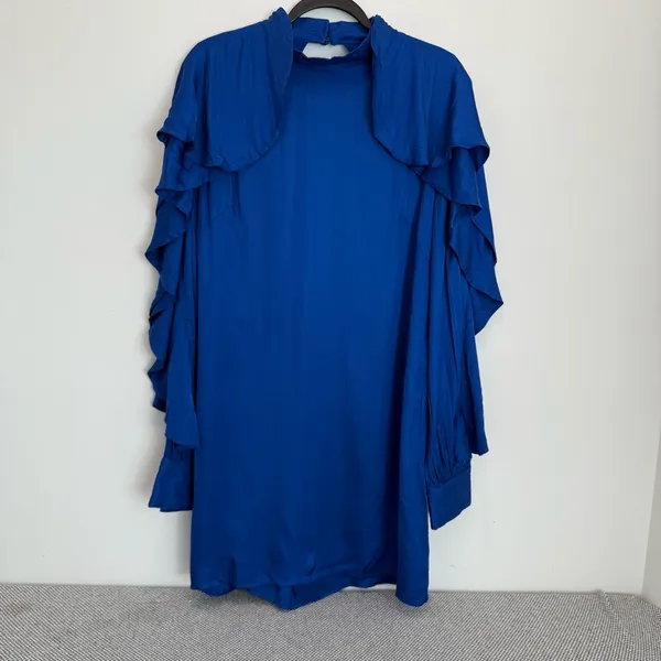 FARM RIO BRIGHT BLUE BACKLESS RUFFLED SLEEVE MINI DRESS BLUE size XL - Image 2