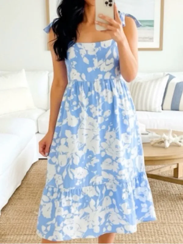 Hyacinth House Tuckernuck Blue and White Floral Lupine Midi Tie Shoulder Dress M - Image 3