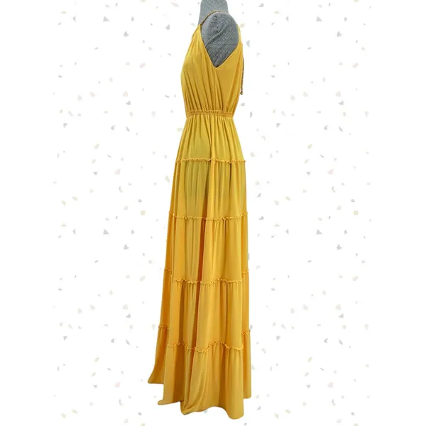 Yellow Goddess Maxi Dress Gold Rope Halter Tiered Long Resort T Bags LA Size S - Image 5