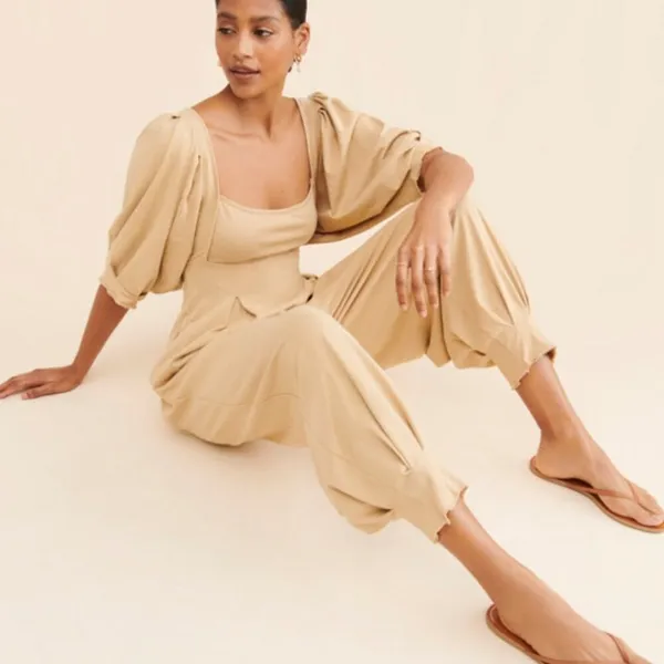 New Sz medium m Free People Intimately Lotta Love Pleated 1 Pc tan Jumpsuit - Image 5