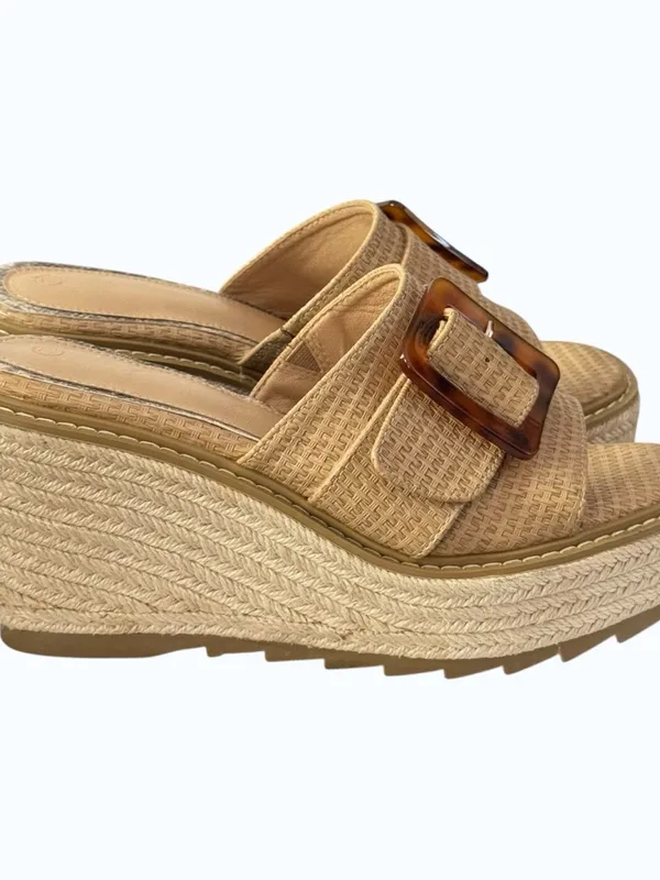 Chunky Wedge Raffia Espadrille Platform Slide Sandals With Tortoiseshell Buckle - Image 2