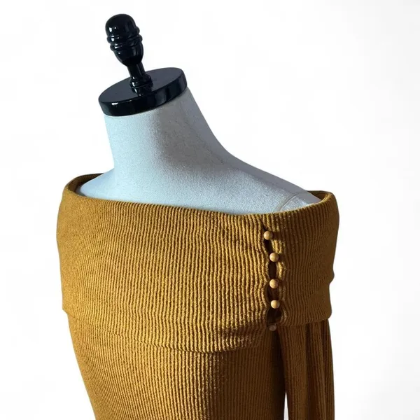 Off Shoulder Long Sleeve‎ Ribbed Knit Top With Button Detail - Mustard - Image 3