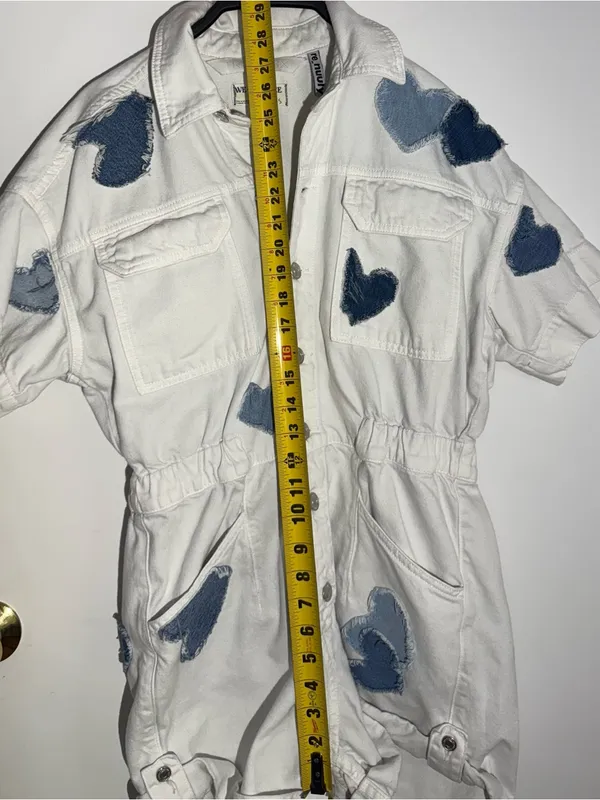 We The Free White Patchwork Denim Shortalls with Light Blue Heart Patch - Image 7