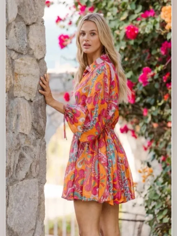 Sundress Blair Havana Framboise Orange Pink Paisley Metallic Mini Dress - Image 2