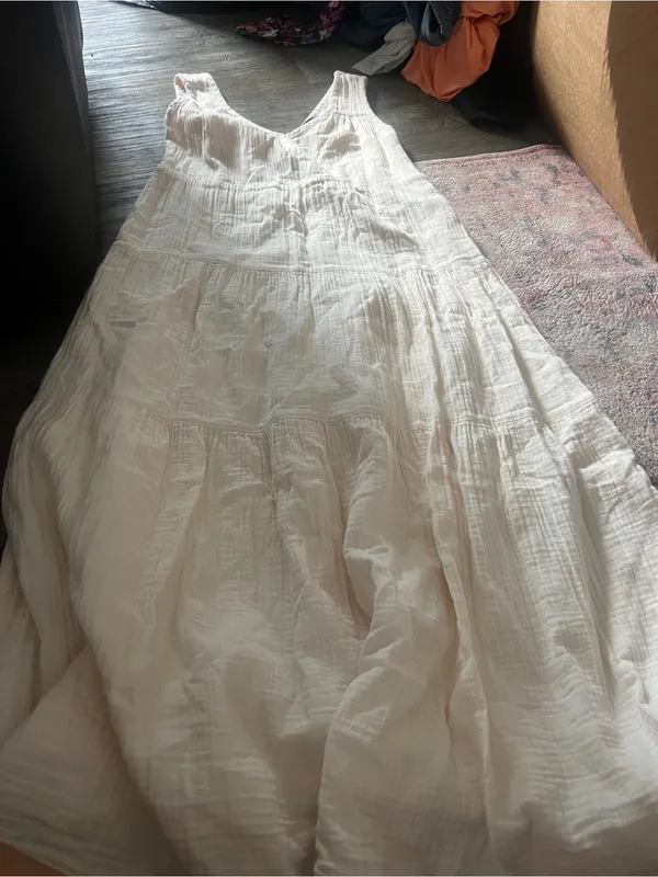 Quince Organic Cotton Gauze Tiered V-Neck Maxi Cream Dress Size xs - Image 11