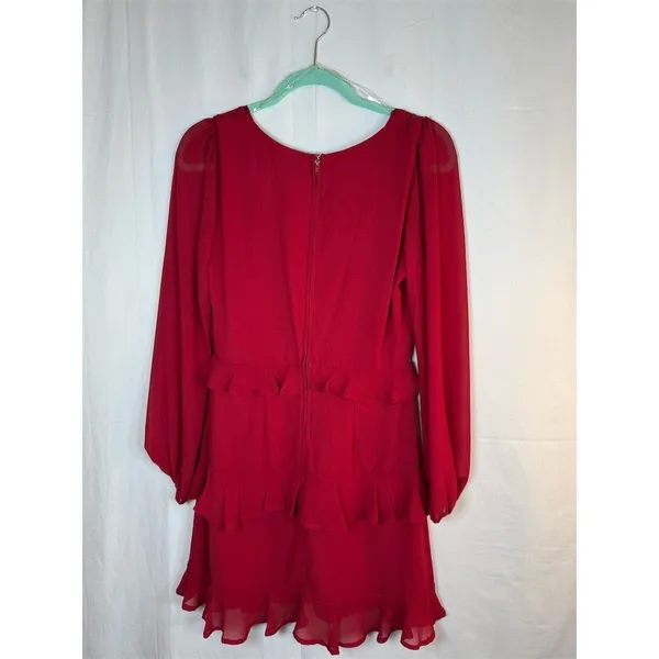 Trixxi Dress Womens M Red Chiffon Ruffle Tiered Mini V-Neck Long Sleeve - Image 10