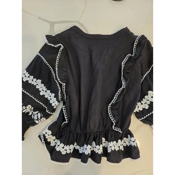 SHEIN Floral Embroidered Peplum Blouse Black V-Neck Ric Rac Top Women Size M - Image 10