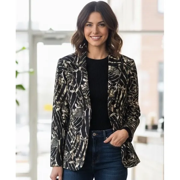 Requirements Artsy Floral Print Blazer Jacket M Tan Abstract - Image 2