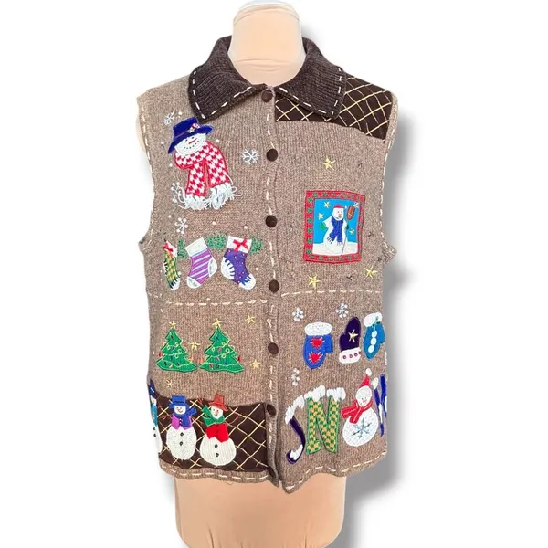 Vintage Christmas Sweater Vest XL Snowman Applique Wool Holiday Novelty Knit - Image 12