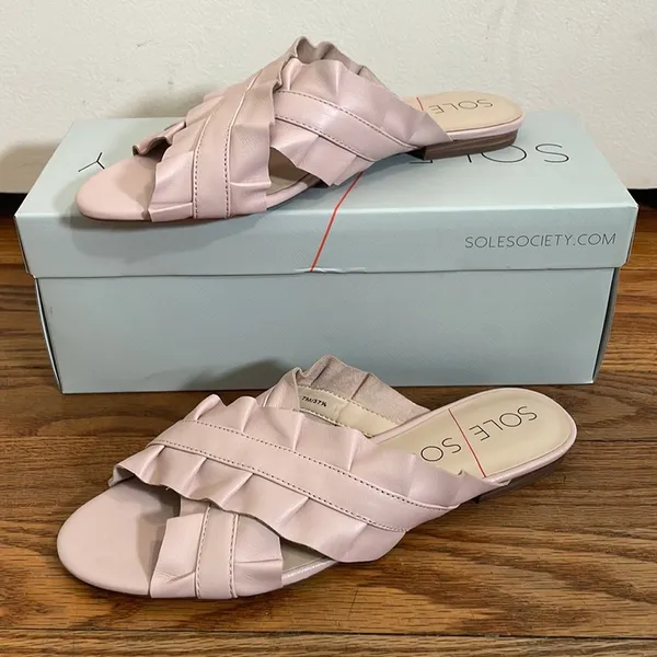 Sole Society Mandi Ruffled Leather Slide‎ Sandals Spring Blush Pink 7M 37.5 - Image 2