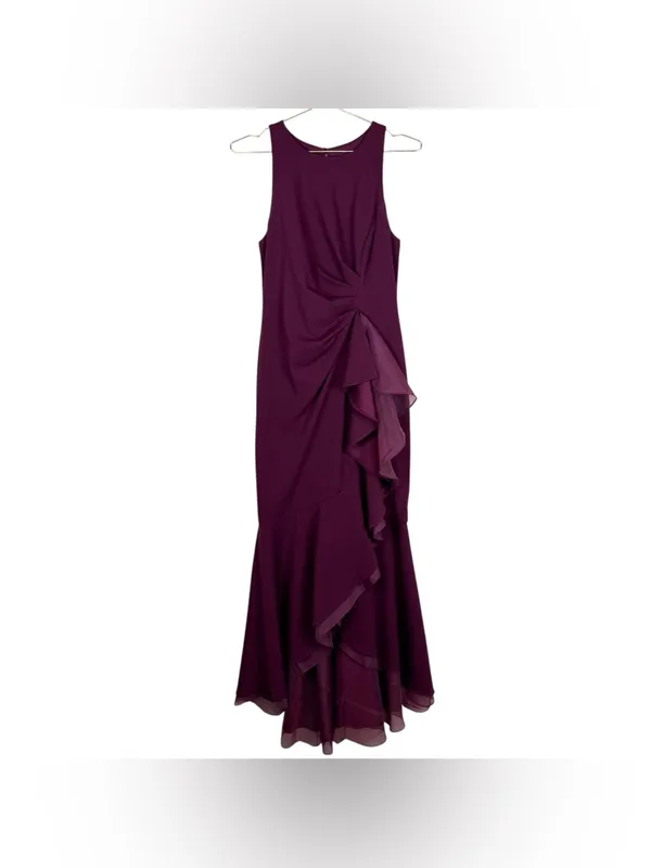 Adrianna Papell High Low Crepe Halter Gown Organza Draping In Cabernet Size‎ 4 - Image 6