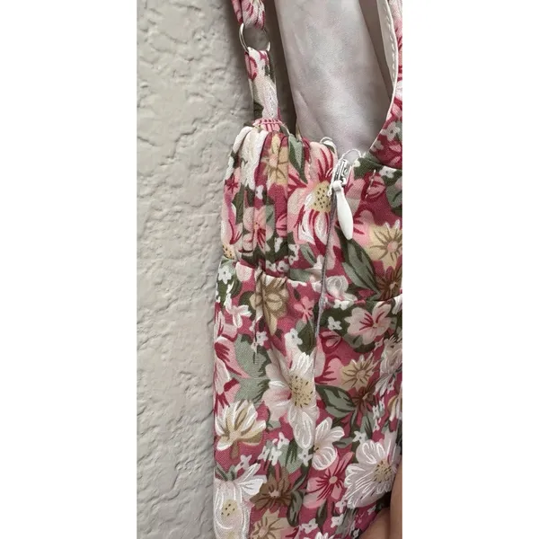 Pink Floral Ruched Mini Sundress Strappy Backless Sweetheart Romantic Sz Medium - Image 4