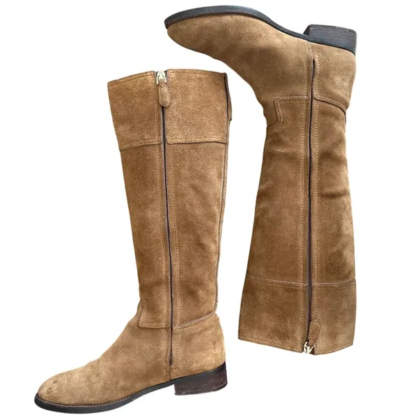Tory Burch Wembley Suede Riding Boots Tan Tobacco Brown Gold Logo Size 8 - Image 5