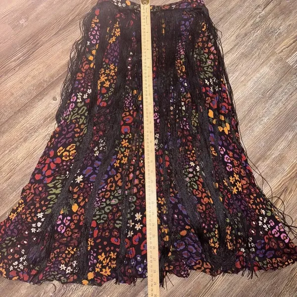 Farm Rio Hippie Boho Y2K Multicolor Floral‎ Midi Skirt W/ Black Fringe - Image 4